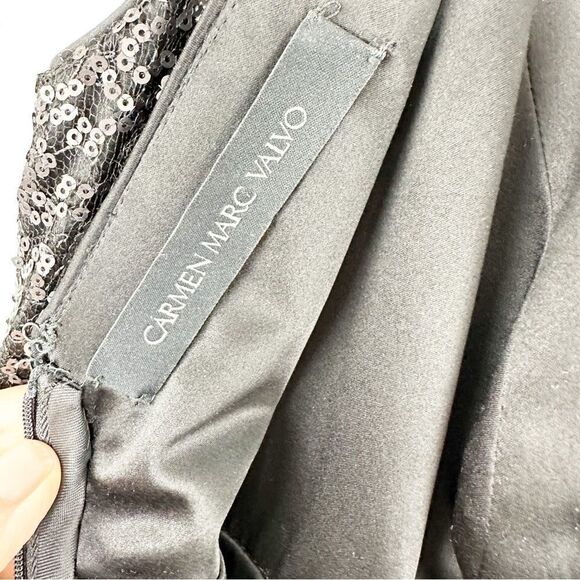 Carmen Marc Valvo Black Sequin Silk Cocktail Party‎ Dress Black Satin Bow Sz 6 - Picture 12 of 16